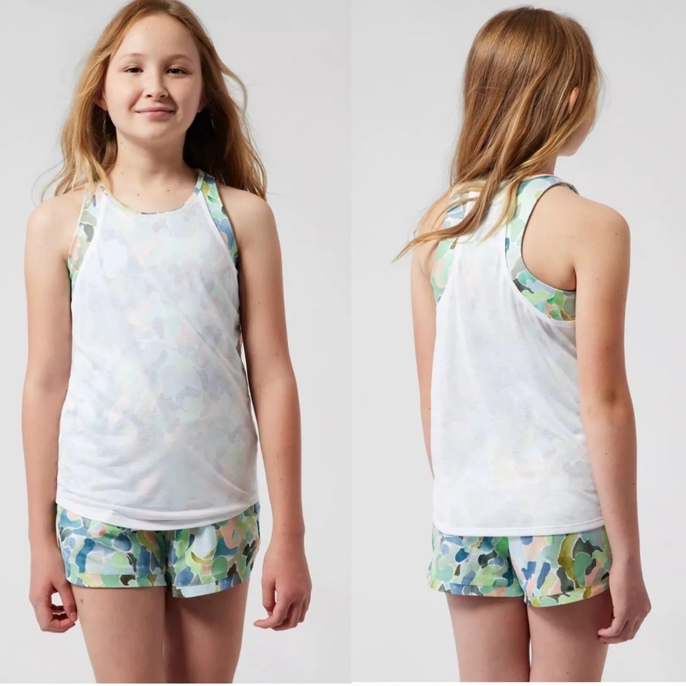ATHLETA GIRL PERFECT PAIR TANK TOP IN MOSAIC CAMO RALEIGH GREEN L